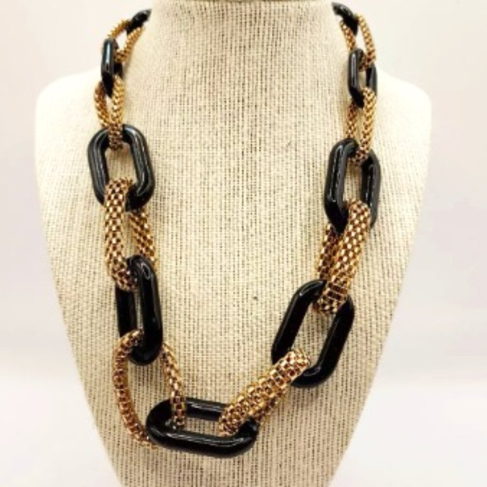 1980's Chunky Gold Tone Metal Mesh & Black Acrylic Link Statement Necklace
